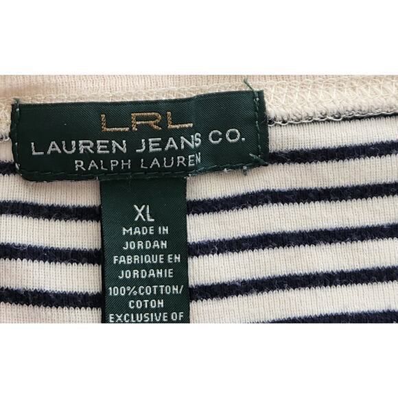 LRL Lauren Jeans Co Black Cream Stripes Top XL Long Sleeves Patches On Elbows - Picture 5 of 5